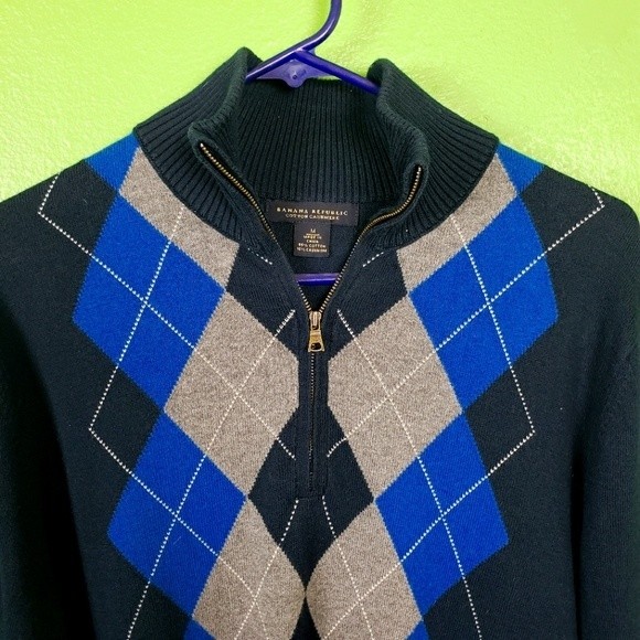 Banana Republic Men's Cotton Cashmere Argyle Pullover Quarter Zip Sweater Medium - Picture 3 of 7